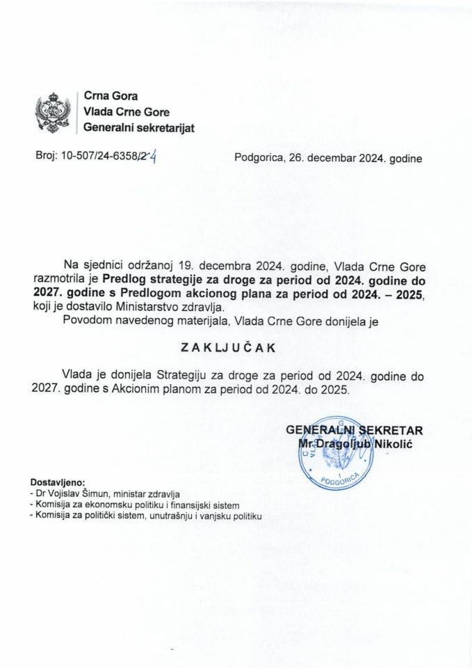 Predlog strategije za droge za period od 2024. godine do 2027. godine s Predlogom akcionog plana za period 2024-2025. - zaključci