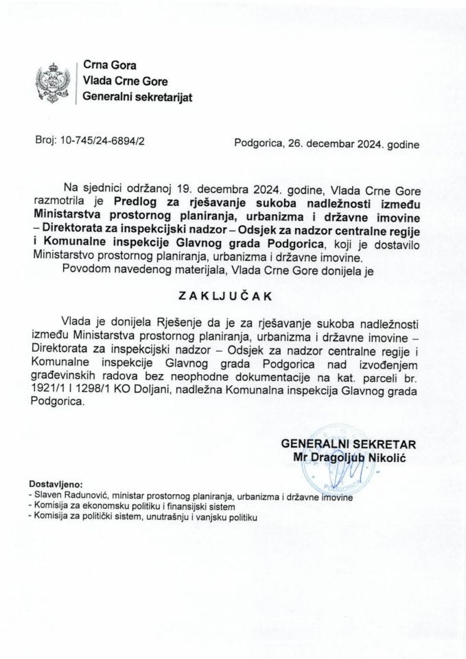 Predlog za rješavanje sukoba nadležnosti između Ministarstva prostornog planiranja, urbanizma i državne imovine - Direktorata za inspekcijski nadzor – Odsjek za nadzor centralne regije i Komunalne inspekcije Glavnog grada Podgorica - zaključci