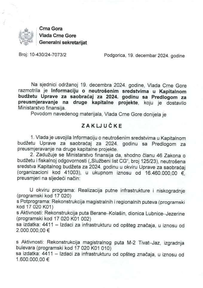 Informacija o neutrošenim sredstvima u Kapitalnom budžetu Uprave za saobraćaj za 2024. godinu sa predlogom za preusmjeravanje na druge kapitalne projekte - zaključci