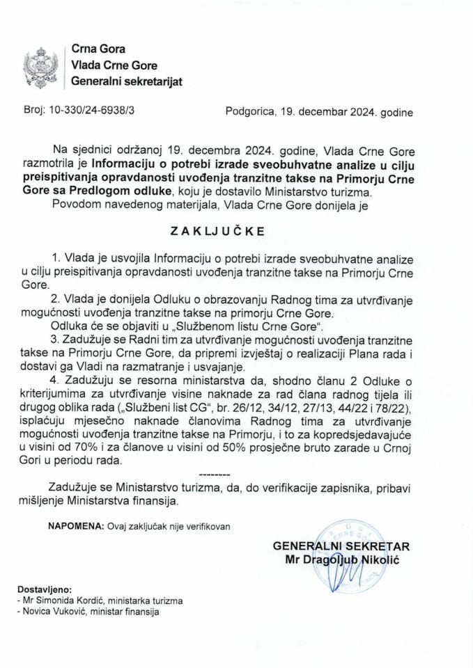 Информација о потреби израде свеобухватне анализе у циљу преиспитивања оправданости увођења транзитне таксе на Приморју Црне Горе с Предлогом одлуке - закључци