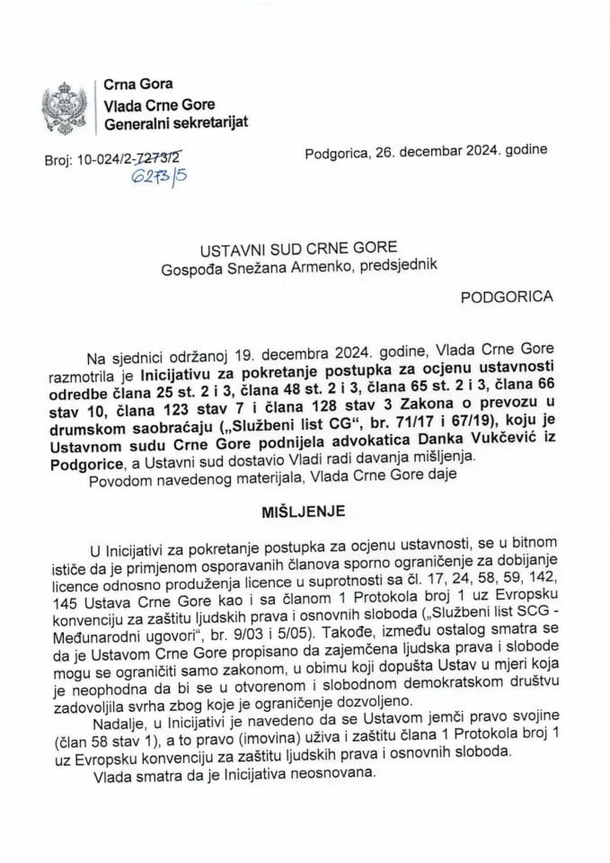 Предлог мишљења на Иницијативу за покретање поступка за оцјену уставности одредбе члана 25 ст. 2 и 3, члана 48 ст. 2 и 3, члана 65 ст. 2 и 3, члана 66 став 10, члана 123 став 7 и члана 128 став 3 Закона о превозу у друмском саобраћају - закључци