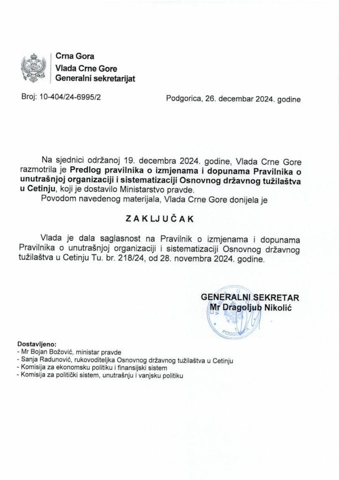 Predlog pravilnika o izmjenama i dopunama Pravilnika o unutrašnjoj organizaciji i sistematizaciji Osnovnog državnog tužilaštva u Cetinju - zaključci