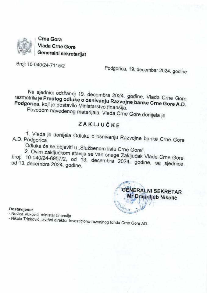 Предлог одлуке о оснивању Развојне банке Црне Горе А.Д. Подгорица - закључци