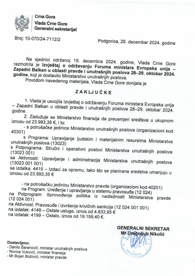 Извјештај о одржавању Форума министара Европска унија-Западни Балкан у области правде и унутрашњих послова 28-29. октобар 2024. - закључци