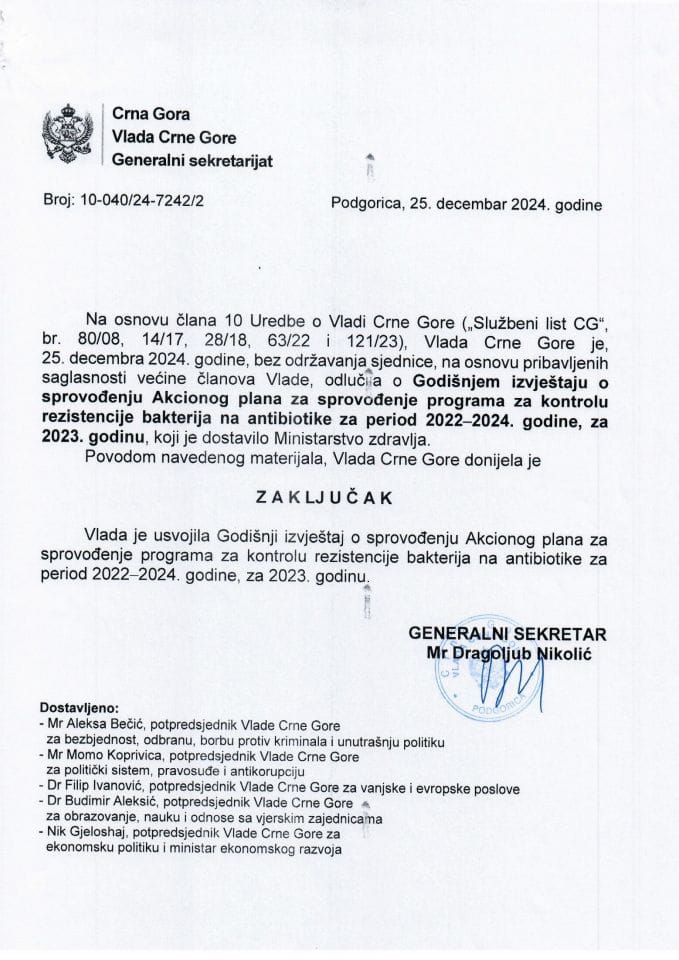 Godišnji izvještaj o sprovođenju Akcionog plana za sprovođenje Programa za kontrolu rezistencije bakterija na antibiotike za period 2022-2024. godine, za 2023. godinu - zaključci