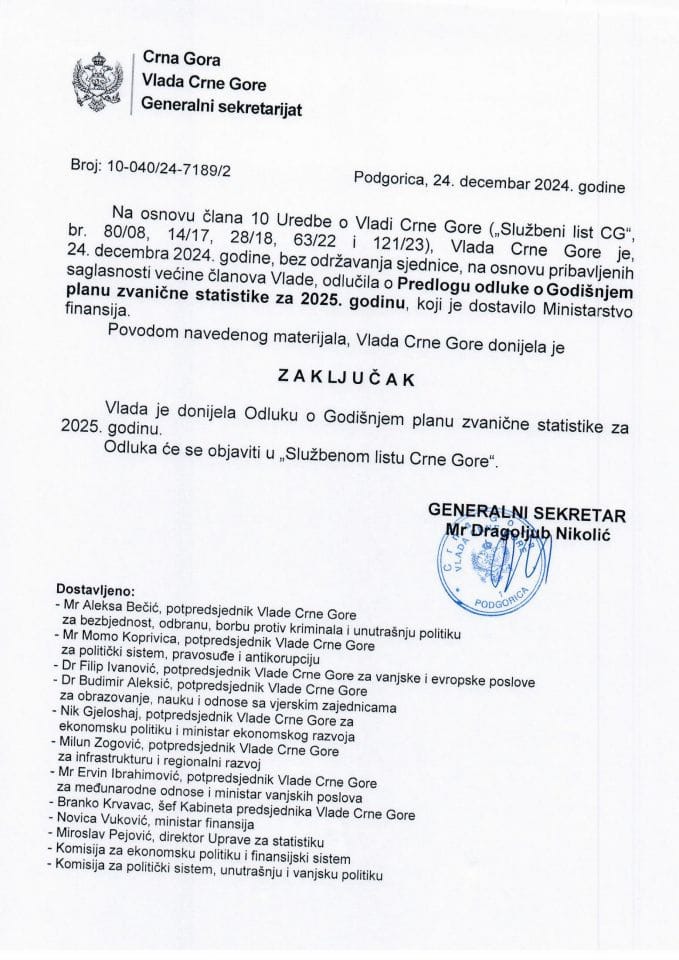 Predlog odluke o Godišnjem planu zvanične statistike za 2025. godinu - zaključci