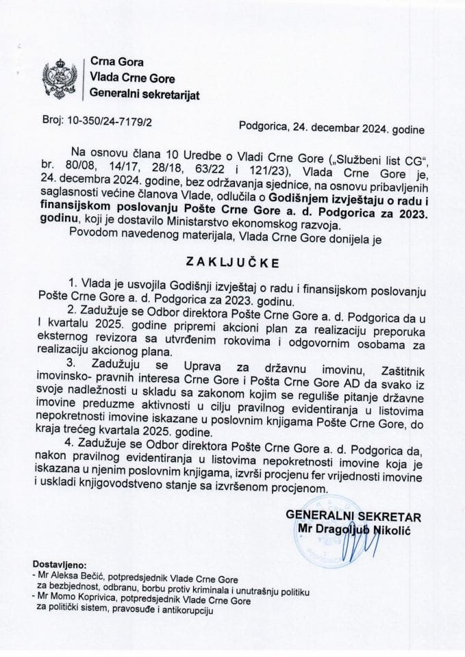 Годишњи Извјештај о раду и финансијском пословању Поште Црне Горе а.д. Подгорица за 2023. годину - закључци