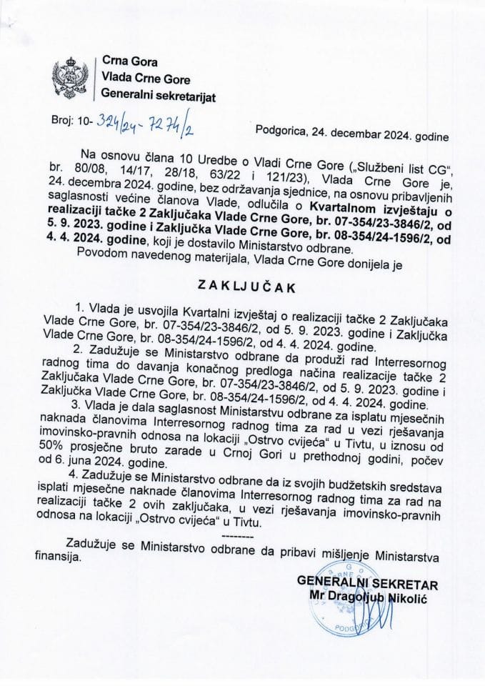 Kvartalni izvještaj o realizaciji tačke 2 Zaključka Vlade Crne Gore br. 07-354/23-3846/2, od 5.9.2023. godine i Zaključka Vlade Crne Gore, br. 08-354/24-1596/2, od 4.4.2024. godine - zaključci