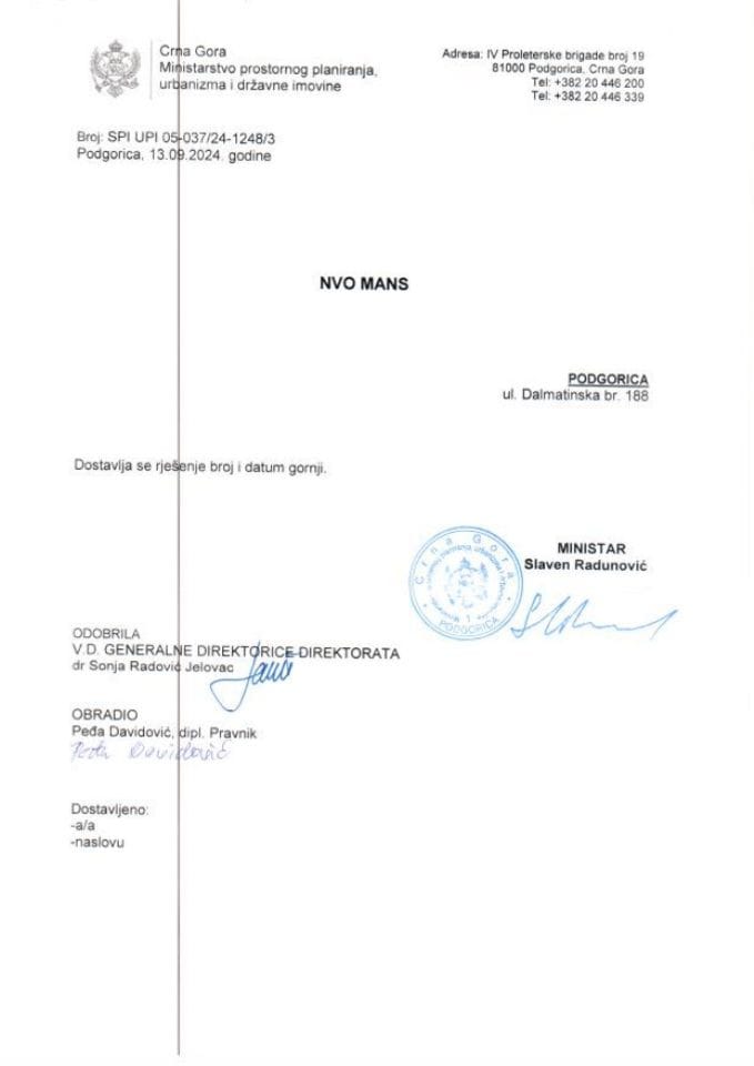 Rješenja - Slobodan pristup informacijama - 13.09.2024. Rješenje -NVO MANS, Podgorica