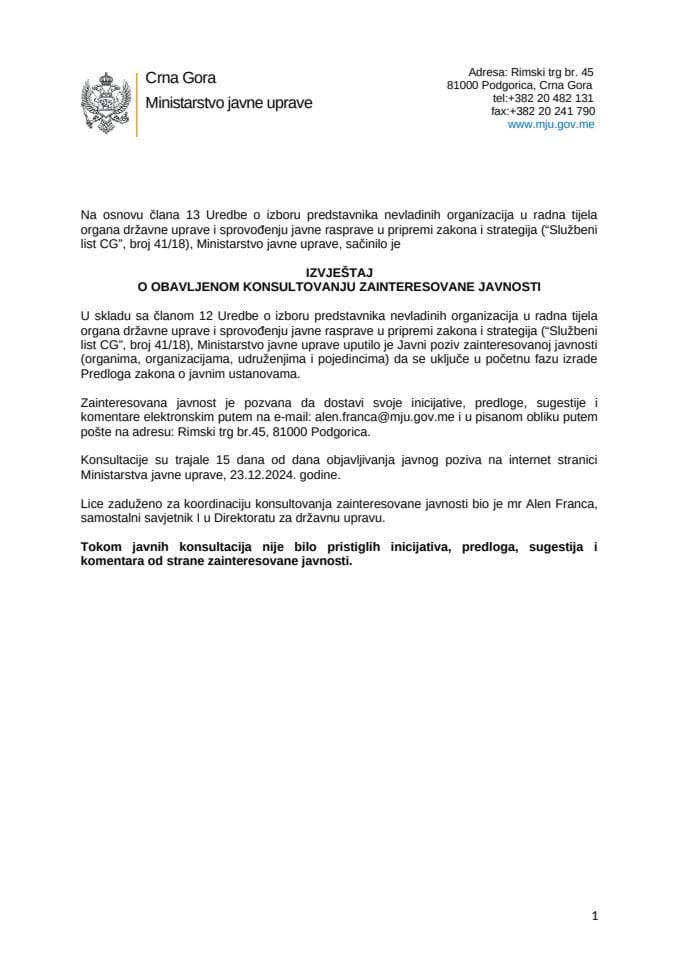 Izvještaj o obavljenom konsultovanju zainteresovane javnosti -Predlog zakona o javnim ustanovama