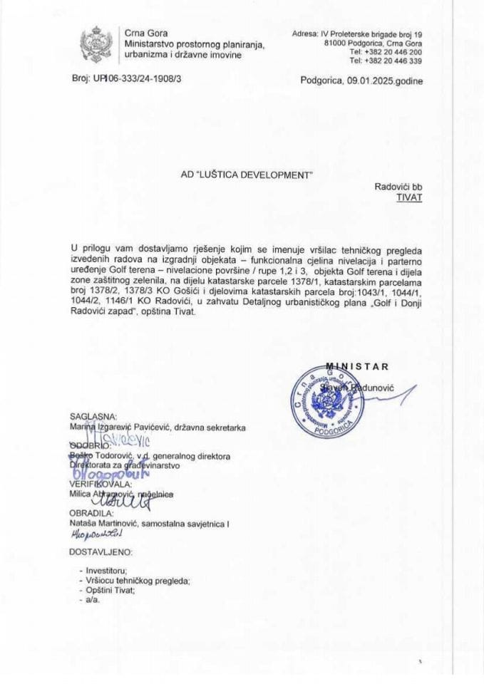 Tehnički pregledi - UPI 06_333_24_1908_3 AD Luštica Development