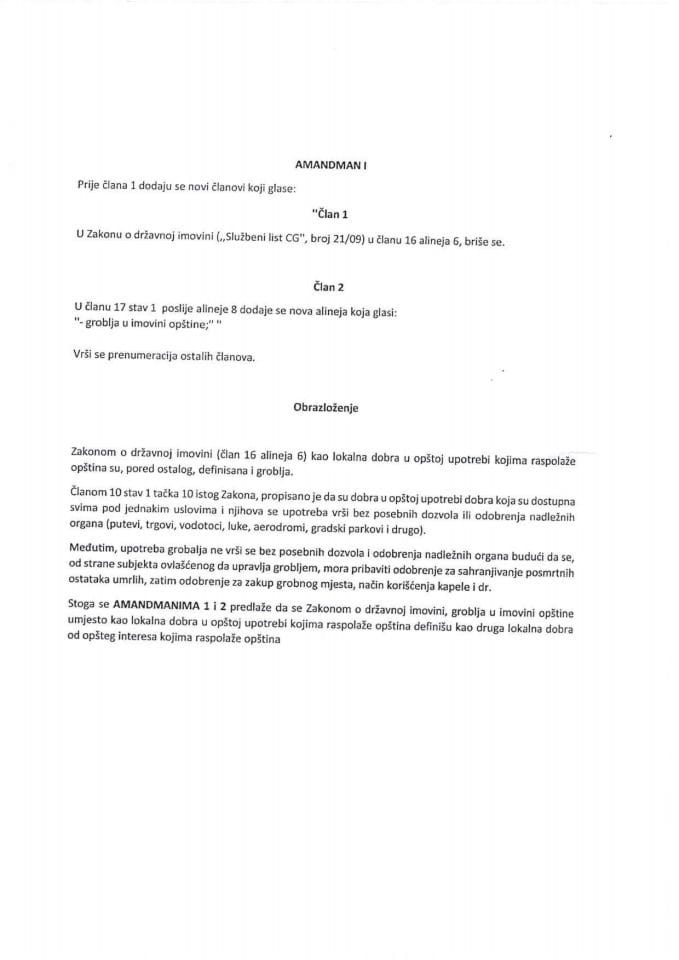 Predlog mišljenja na Amandman 1 na Predlog zakona o izmjenama i dopunama Zakona o državnoj imovini (predlagač poslanik Velimir Đoković)