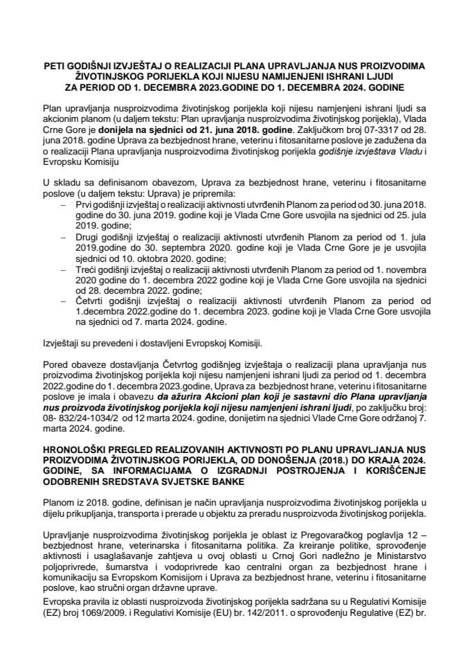 Peti godišnji izvještaj o realizaciji Plana upravljanja nus proizvodima životinjskog porijekla koji nijesu namijenjeni ishrani ljudi za period od 1. decembra 2023. godine do 1. decembra 2024. godine