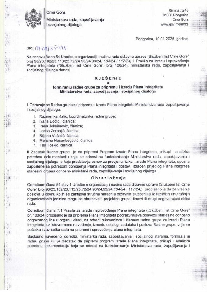 Rješenje o formiranju radne grupe za pripremu i izradu Plana integriteta MRZS