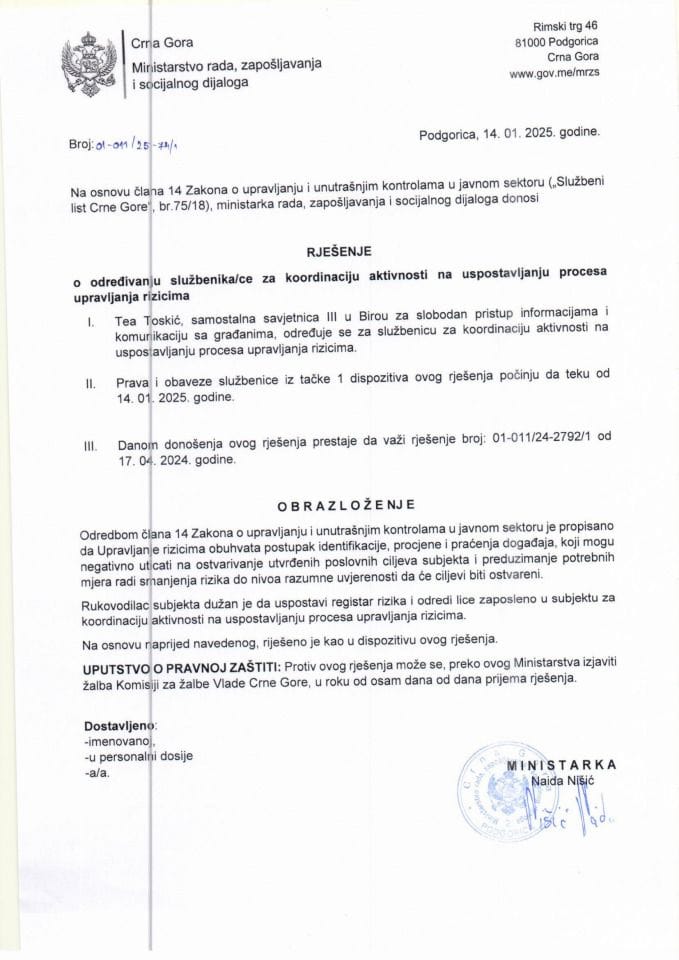 Rješenje o određivanju službenika za koordinaciju na uspostavljanju procesa upravljanja rizicima