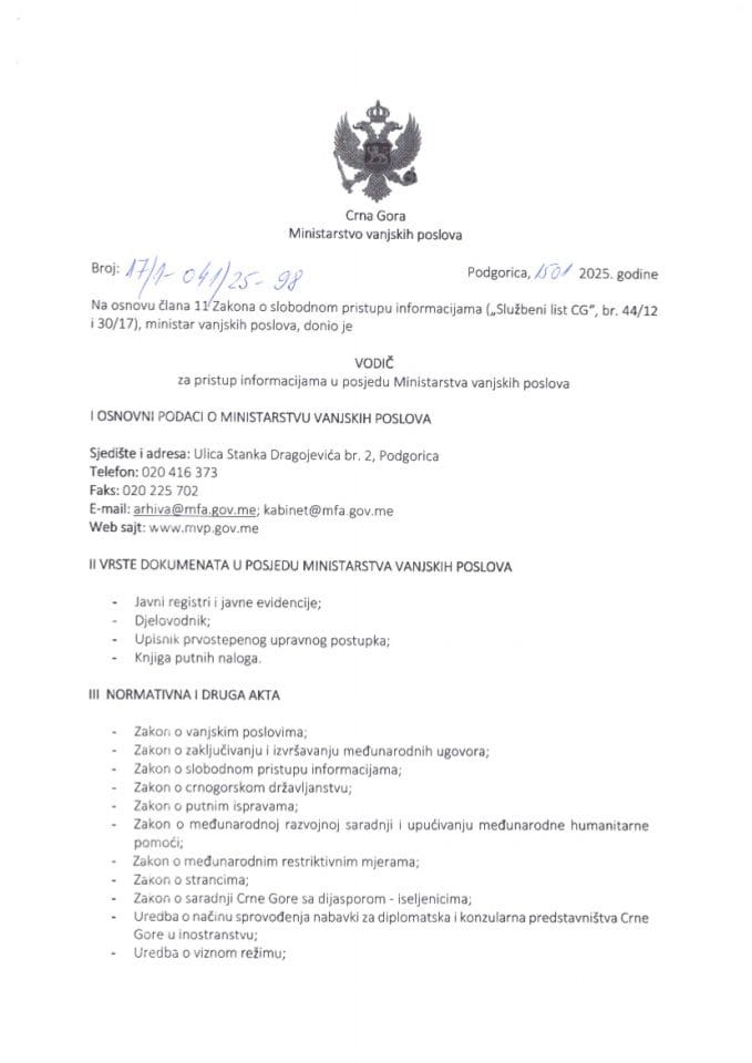 Vodič za pristup informacijama u posjedu Ministarstva vanjskih poslova