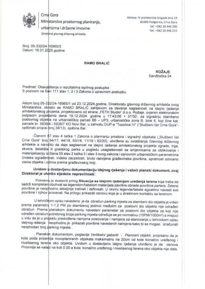 Obavještenja - Saglasnosti glavnog državnog arhitekte - 16.01.2025 Obavještenje -Ramo Bralić -Opština Bar
