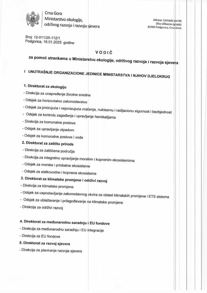 Водич за помоћ странкама у Министарству екологије, одрживог развоја и развоја сјевера.