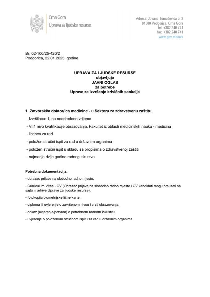 Javni oglas, 22.1.2025. godine