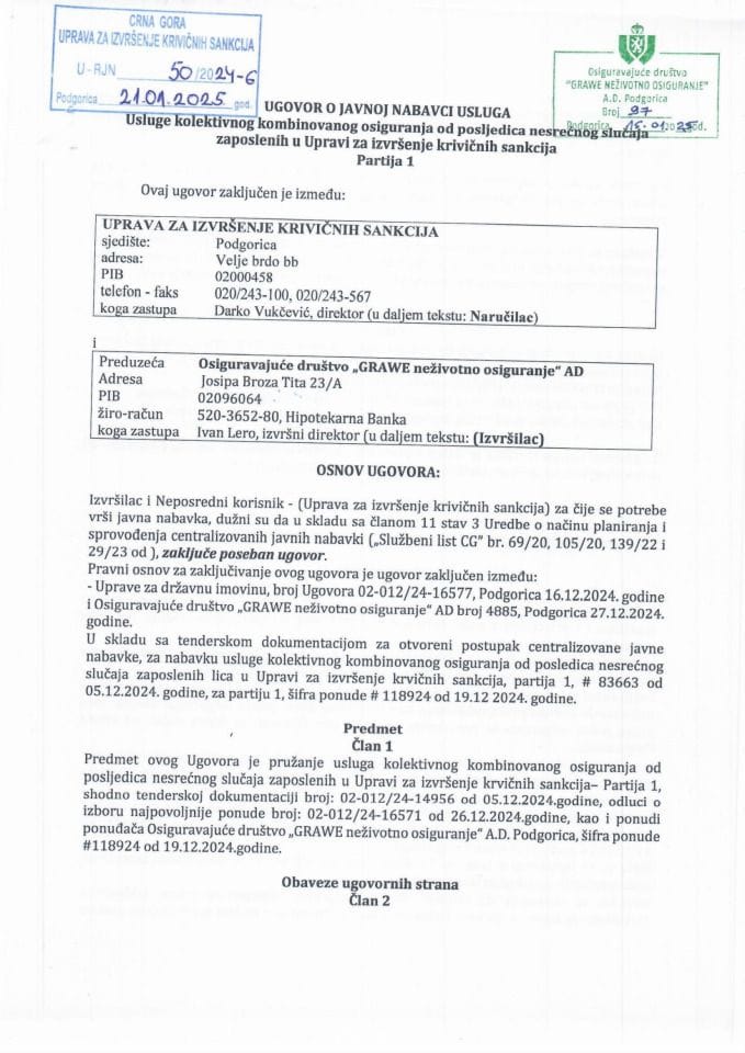 Ugovor osiguranje lica pojedinacni (centralizovana nabavka)