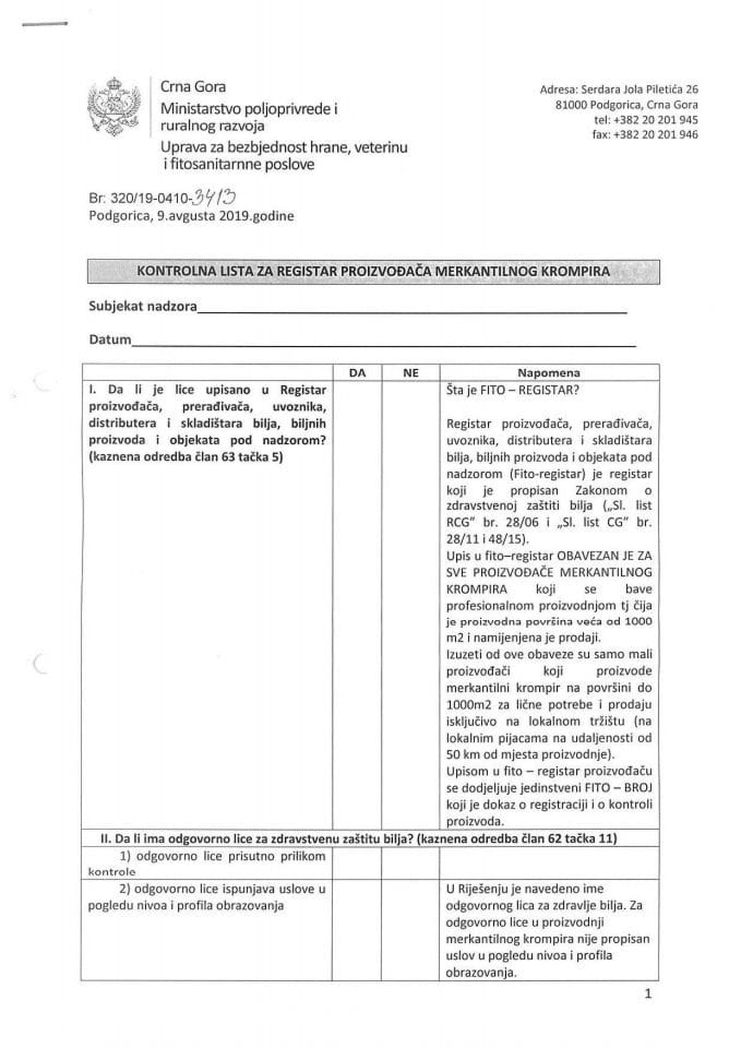 Kontrolna lista za registar proizvodjaca merkantilnog krompira