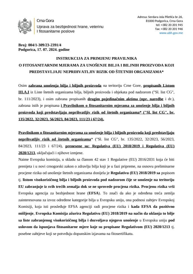 Instrukcija za primjenu pravilnika o fitosanitarnim mjerama za unošenje bilja i biljnih proizvoda koji predstavljaju neprihvatljiv rizik od štetnih organizama