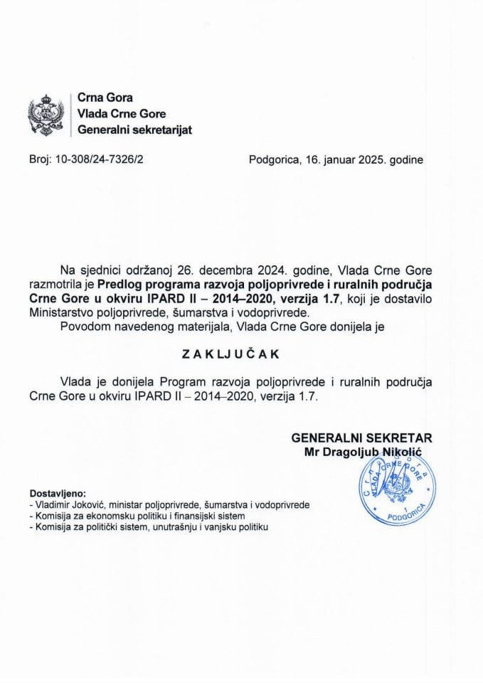 Predlog programa razvoja poljoprivrede i ruralnih područja Crne Gore u okviru IPARD II 2014-2020 verzija 1.7 - zaključci