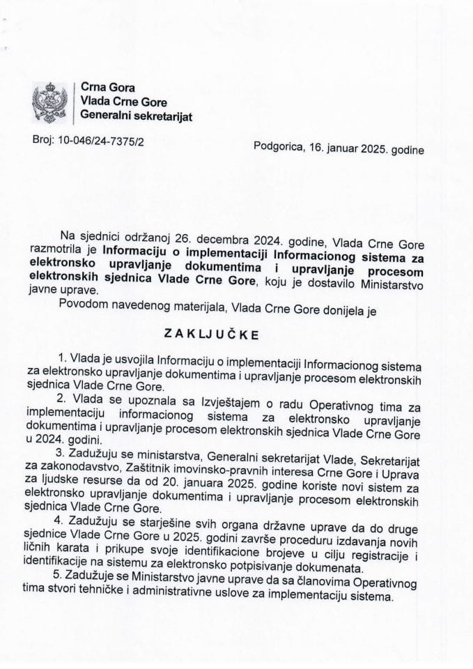 Informacija o implementaciji Informacionog sistema za elektronsko upravljanje dokumentima i upravljanje procesom elektronskih sjednica Vlade Crne Gore - zaključci