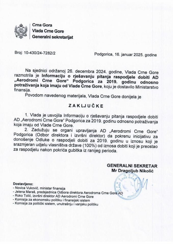 Informacija o rješavanju pitanja raspodjele dobiti AD „Aerodromi Crne Gore“ Podgorica za 2019. godinu odnosno potraživanja koje imaju od Vlade Crne Gore - zaključci