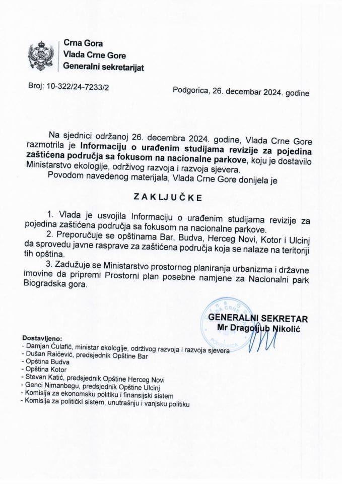 Информација о урађеним студијама ревизије за поједина заштићена подручја са фокусом на националне паркове - закључци