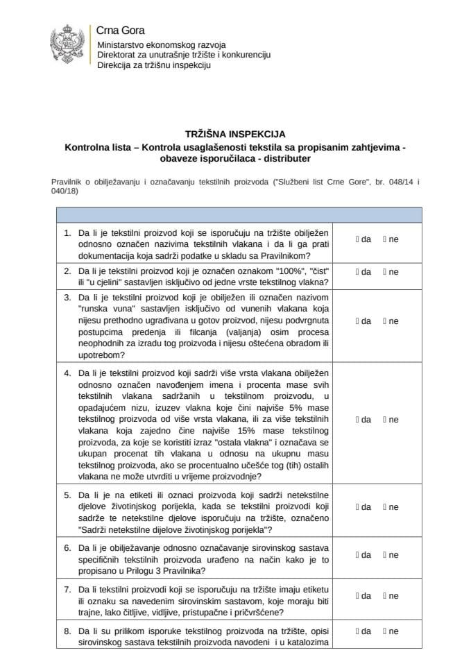 KL - Kontrola usaglasenosti  tekstila - obaveze isporuƒilaca  - distributer