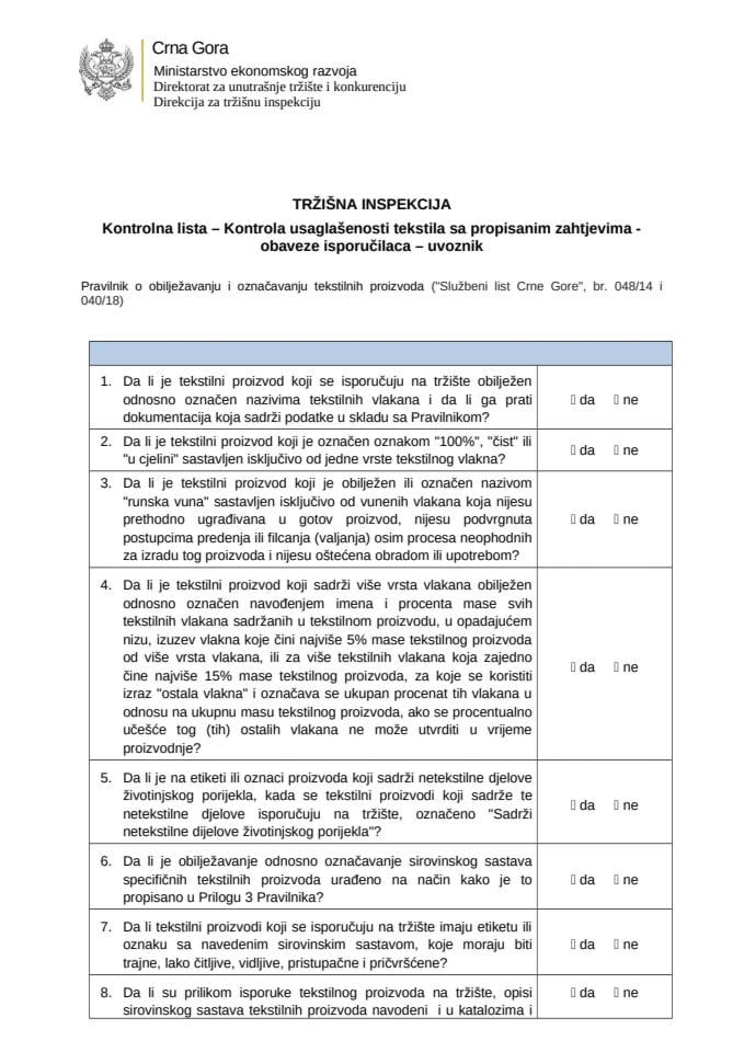 KL - Kontrola usaglasenosti  tekstila - obaveze isporuƒilaca  - uvoznik