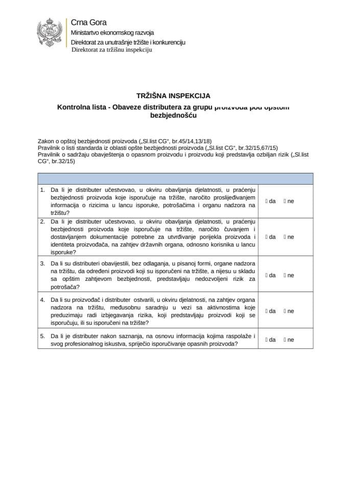 КЛ - Обавезе дистрибутера за групу производа  под опстом безбједносцу