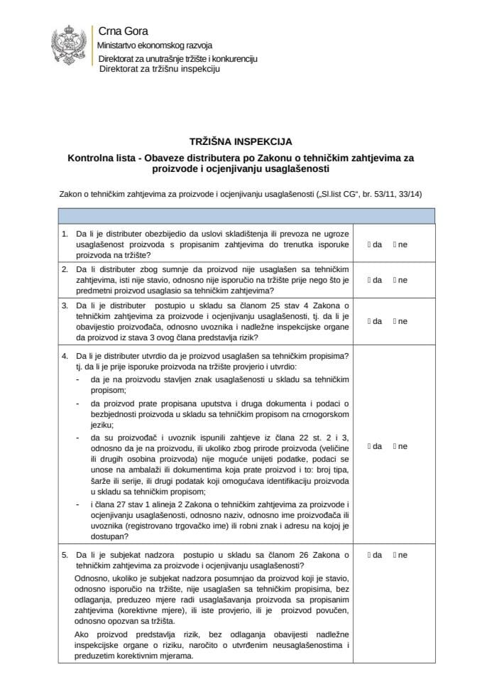 КЛ - Обавезе дистрибутера по Закону о тех захтјевима за производе и оцјењивању усагласености