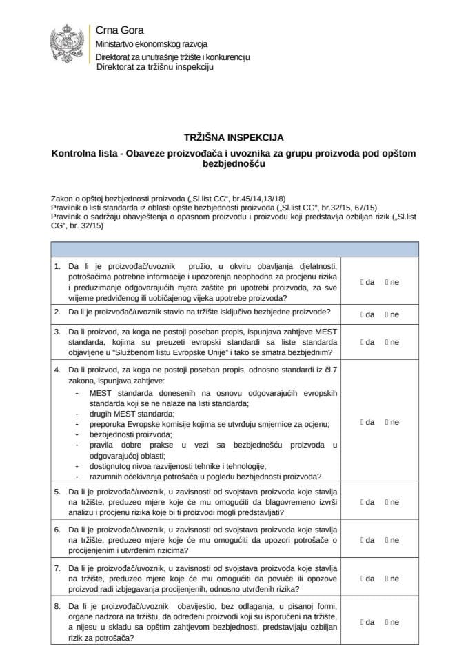 KL - Obaveze proizvođača i uvoznika za grupu proizvoda  pod opstom bezbjednoscu