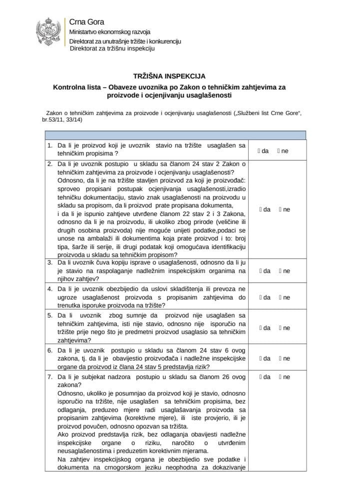 KL - Obaveze uvoznika po Zakonu o tehniƒkim zahtjevima za  proizvodei ocjenjivanju usaglasenosti