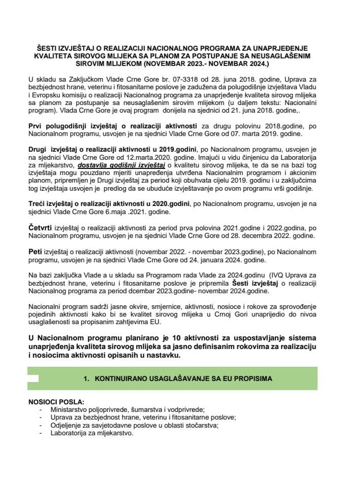 Шести извјештај о реализацији Националног програма за унапрјеђење квалитета сировог млијека са планом за поступање са неусаглашеним сировим млијеком (новембар 2023. година - новембар 2024. година)