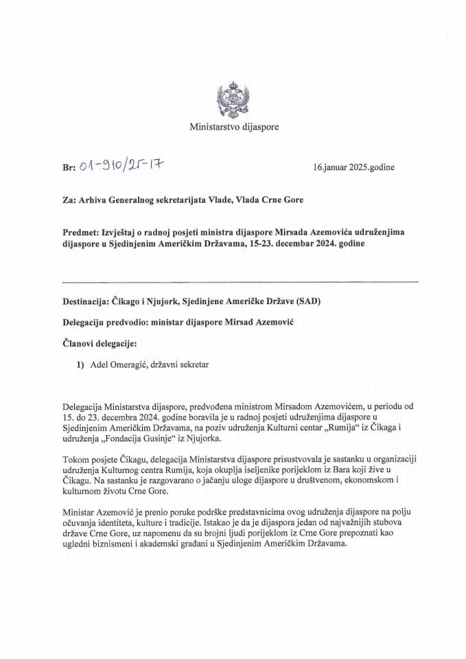 Извјештај о радној посјети министра дијаспоре Мирсада Аземовића удружењима дијаспоре у Сједињеним Америчким Државама, 15-23. децембар 2024. године