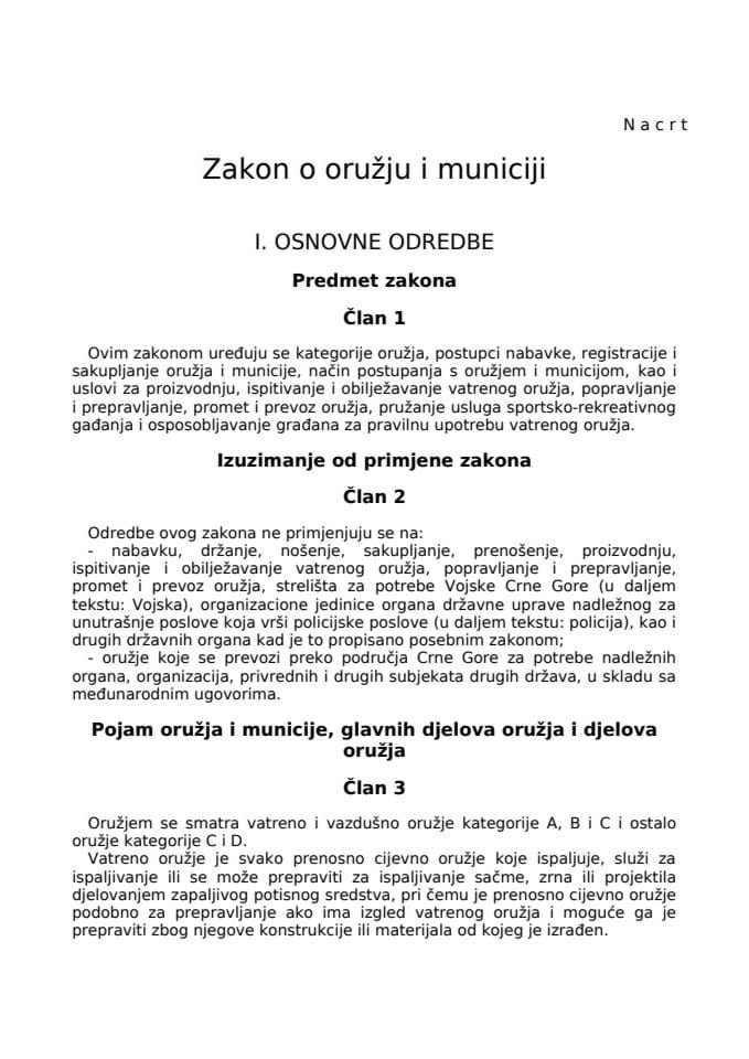 Nacrt Zakona o oružju i municiji sa obrazloženjem