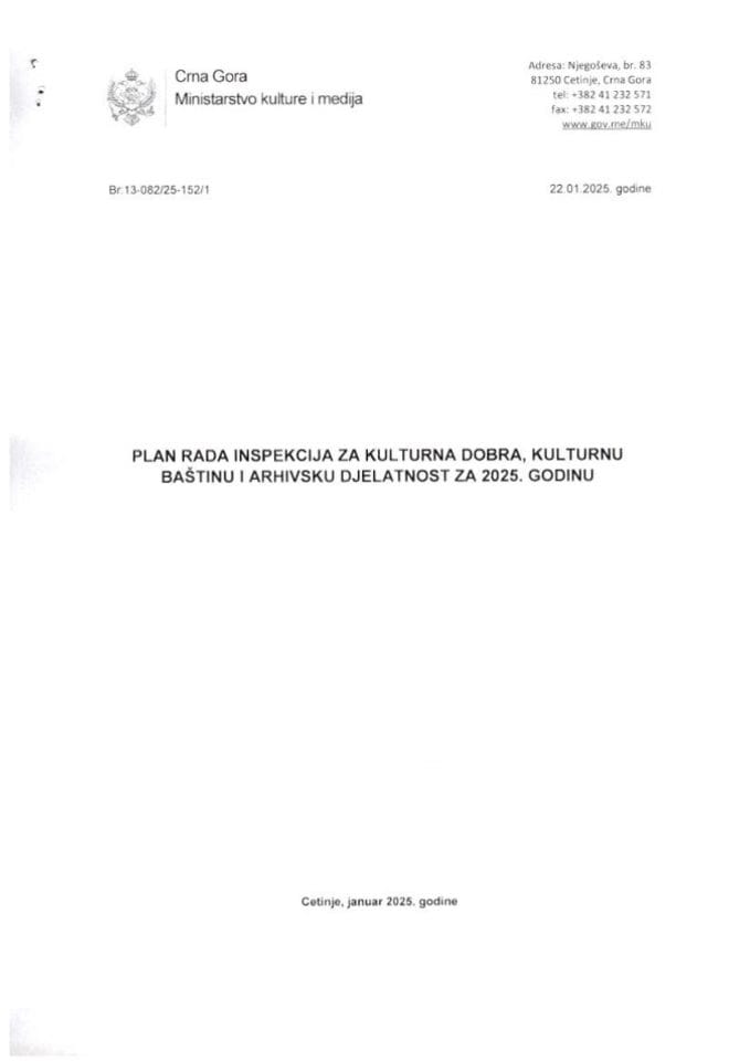 Plan rada inspekcija za kulturna dobra kulturnu bastinu i arhivsku djelatnost za 2025.