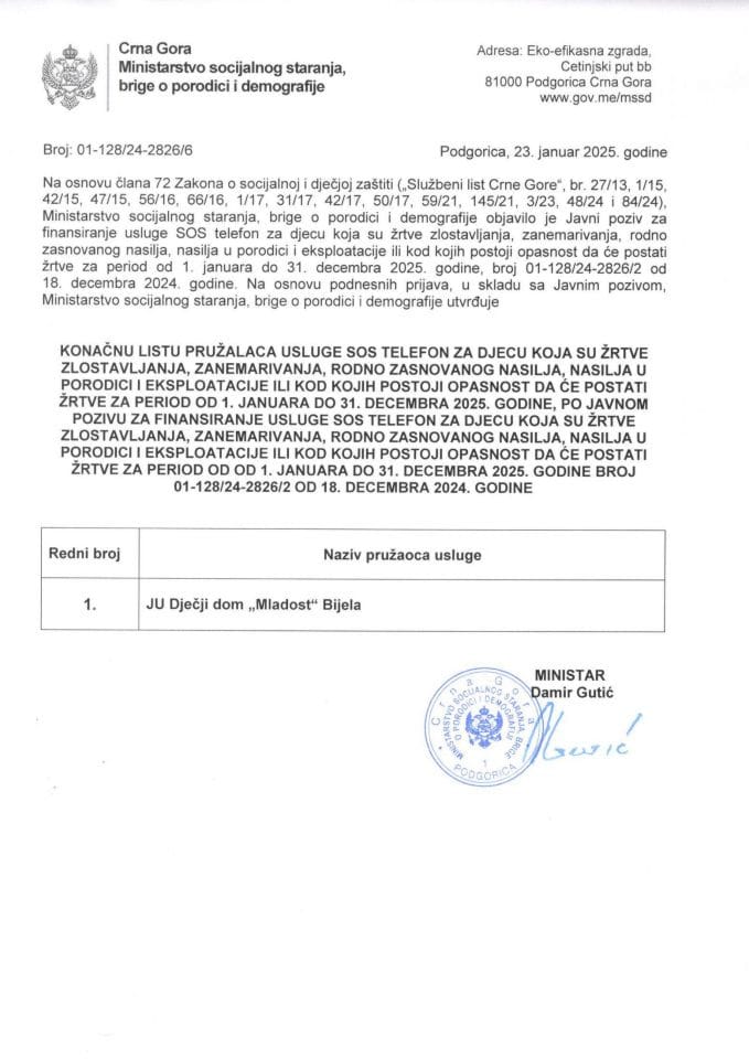 Konačna lista pružalaca usluge SOS telefon za djecu