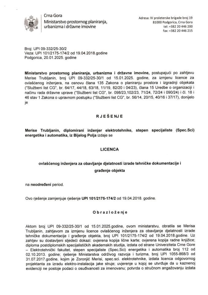 Licenca ovlašćenog inženjera za elektrotehničku djelatnost - UPI 09-332-25-30-2 veza UPI 101-2175-174-2 MERISA TRUBLJANIN