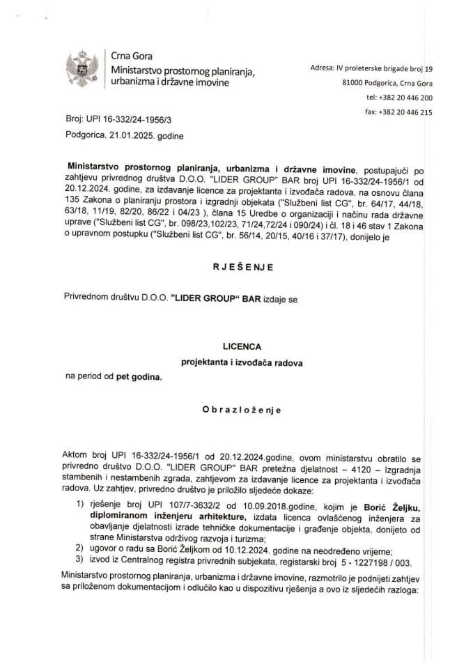 Licence projektanata i izvođača radova - UPI 16-332-24-1956-3 DOO LIDER GROUP