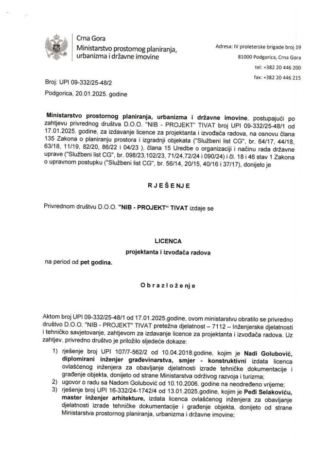 Licence projektanata i izvođača radova - UPI 09-332-25-48-2 DOO NIB -PROJEKT