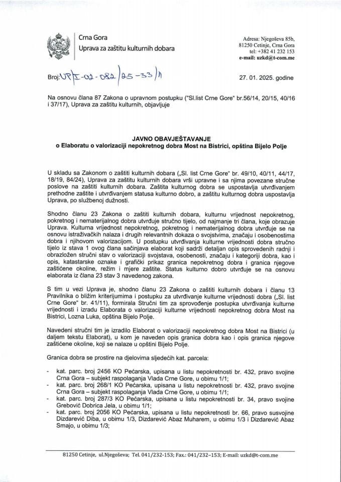 Javno obavještenje o Elaboratu Most na Bistrici