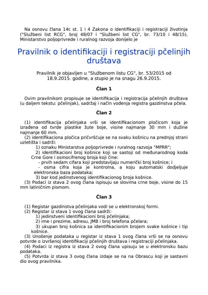 Previlnik o registraciji pčelinjih društava