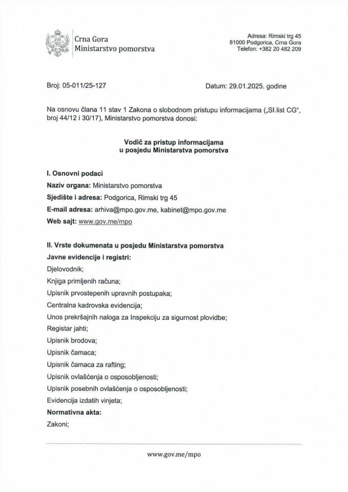 Водич за приступ информацијама у посједу Министарства поморства