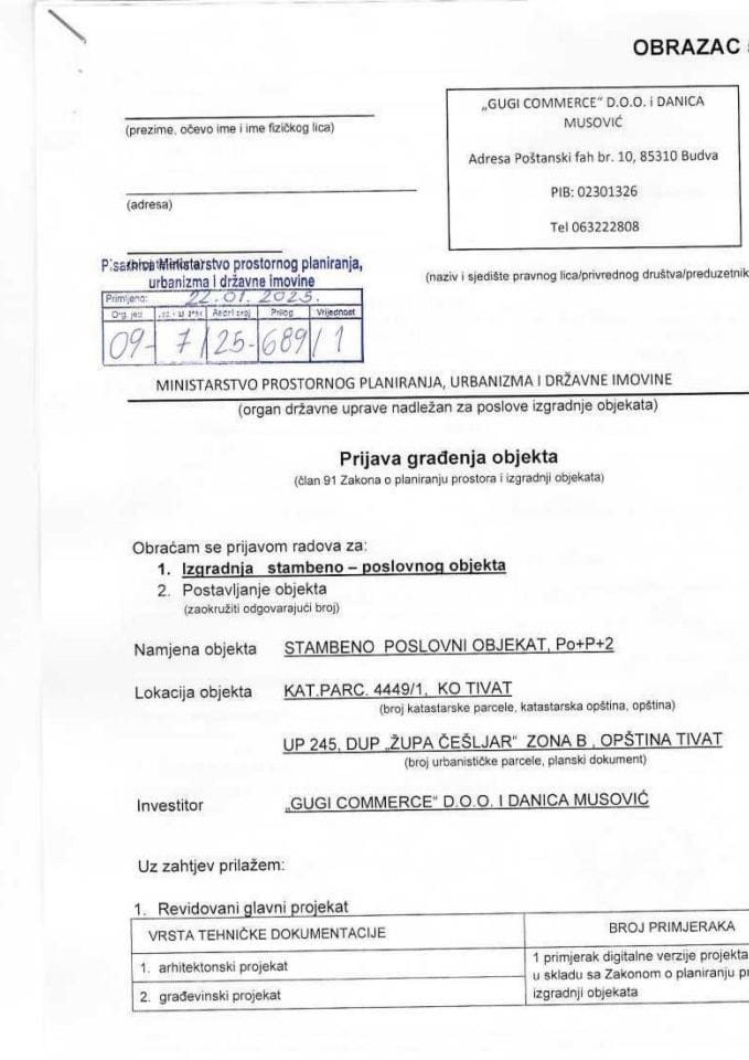Prijava građenja objekta - GUGI COMMERCE DOO I DANICA MUSOVIC 09-7-25-689-1