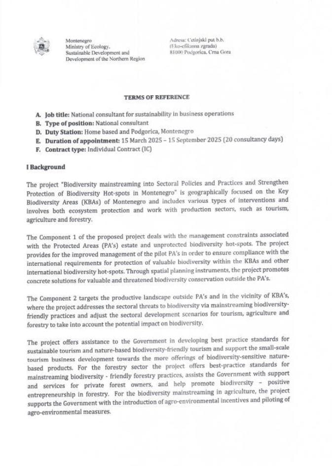 Javni oglas za lokalnog konsultanta za održivo poslovanje u okviru GEF7 projekta - 30 1 25 ToR for national consultant for SD in business operations