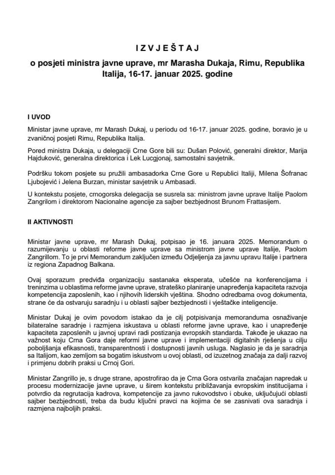 Извјештај о посјети министра јавне управе, мр Marasha Dukaja, Риму, Република Италија, 16-17. јануар 2025. године